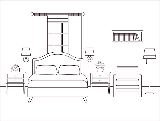 Interior del dormitorio. Habitación de hotel con cama de matrimonio. Ilustración vectorial.