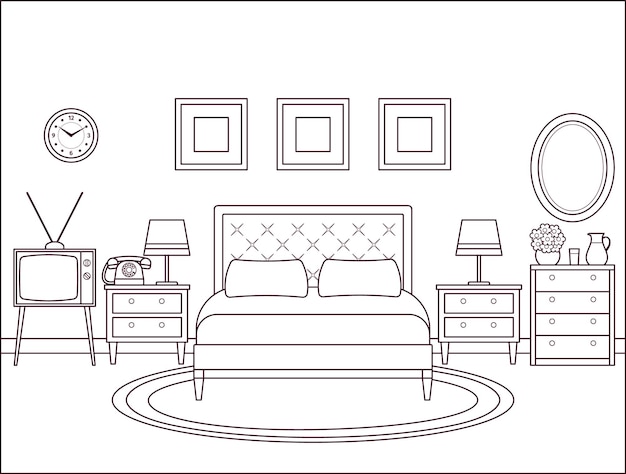 Interior del dormitorio. Habitación de hotel con cama de matrimonio. Ilustración vectorial.