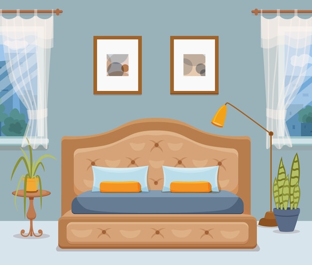 Vector interior del dormitorio. ilustración colorida de la cama de los muebles del apartamento del hotel, mesita de noche, lámpara, planta de la casa.