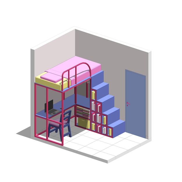 Interior del dormitorio isométrico con ilustración de la cuna