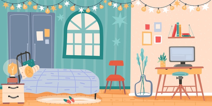 Interior del dormitorio. Muebles y objetos interiores de la habitación, decoración moderna para el hogar, lugar de trabajo con computadora, área de descanso con una cama, acogedor. Conjunto de vectores