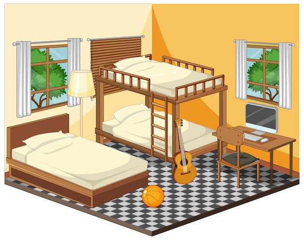 Vector interior de dormitorio con muebles en tema amarillo.