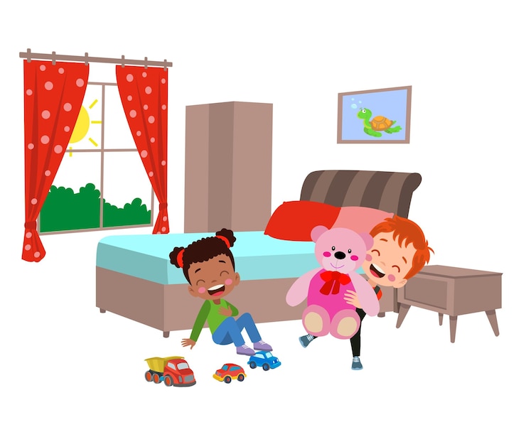 Vector interior de un dormitorio para niños con una cama de banco y un diseño de vector plano de escritorio