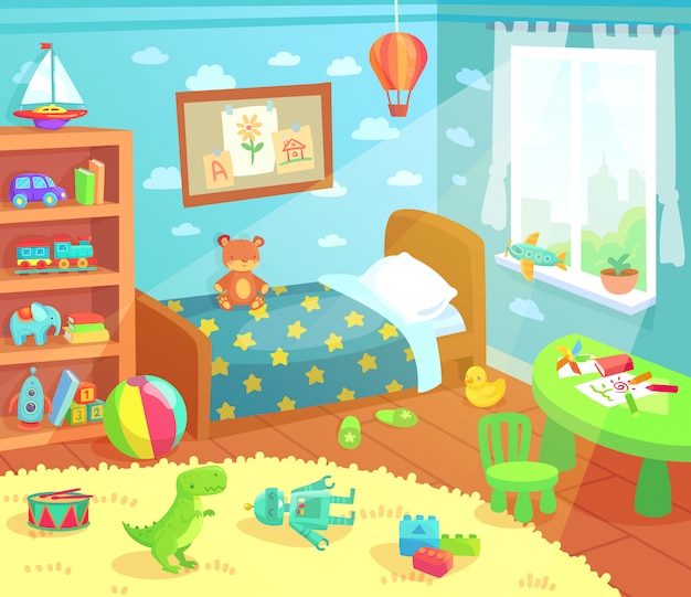 Vector interior de dormitorio de niños de dibujos animados.