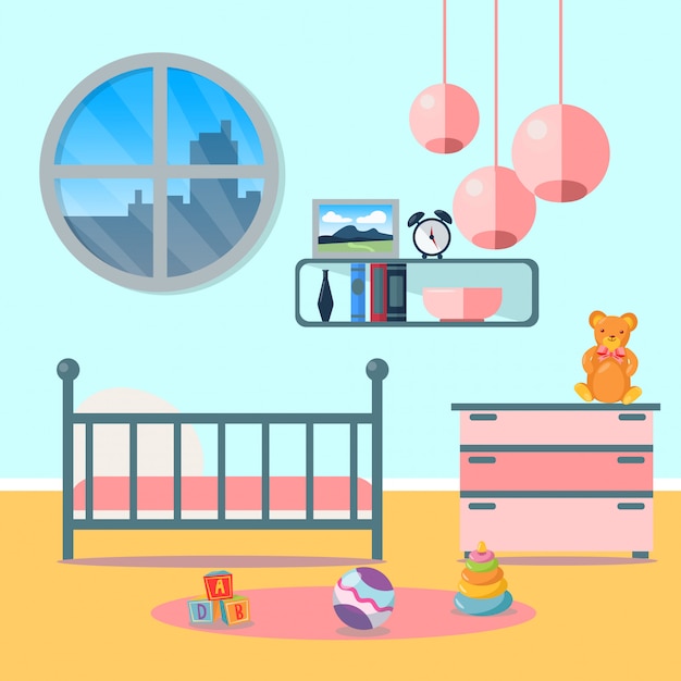 Vector interior del dormitorio de los niños. muebles infantiles y juguetes. ilustración vectorial