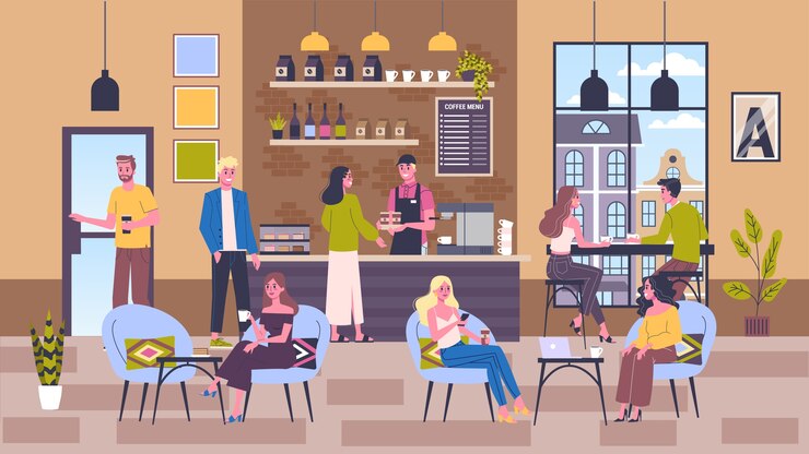 Vector interior del edificio de la cafetería. la gente bebe café en la cafetería. menú en la pizarra. ilustración