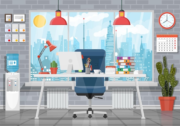 Interior del edificio de oficinas. Escritorio con computadora, silla, lámpara, libros y papeles para documentos. Enfriador de agua, cactus, reloj, ventana y paisaje urbano. Lugar de trabajo empresarial moderno. Ilustración de vector de estilo plano
