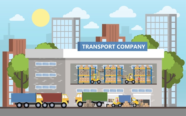 Interior del edificio de servicio de entrega o almacén. Trabajadores con contenedores y cajas. Empresa de transporte con caja de almacenamiento. Ilustración plana vector aislado