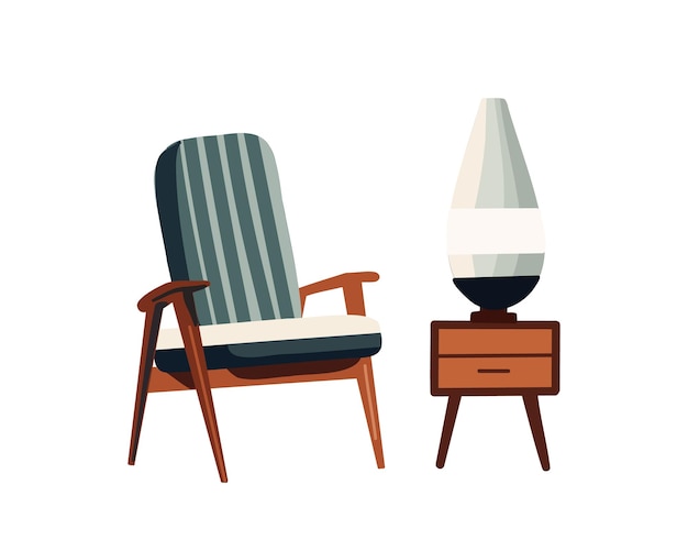 Interior elegante con mesita de noche y sillón en ilustración vectorial de fondo blanco