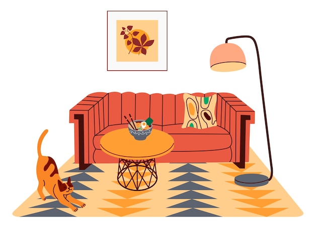 Interior elegante de la sala de estar con muebles de moda Ilustración de vector plano