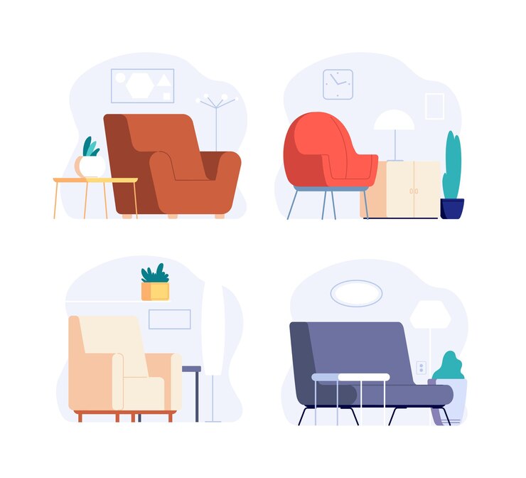 Vector interior escandinavo. mobiliario de habitación minimalista. bonita zona de salón moderna con sillón, cuadros y plantas