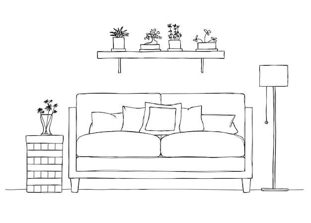 Interior en estilo boceto. Sofá, mesita de noche, lámpara de pie y estantería con plantas.