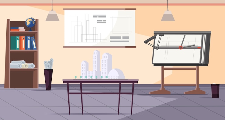 Vector interior de estudio de diseñador de oficina de arquitecto vacío