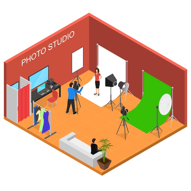 Vector interior de estudio fotográfico con vector de vista isométrica de muebles