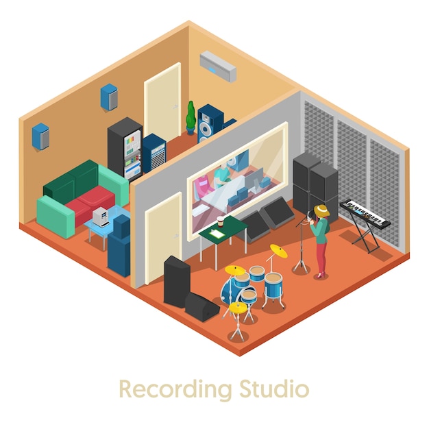 Interior de estudio de grabación de música isométrica con cantante. vector ilustración plana 3d