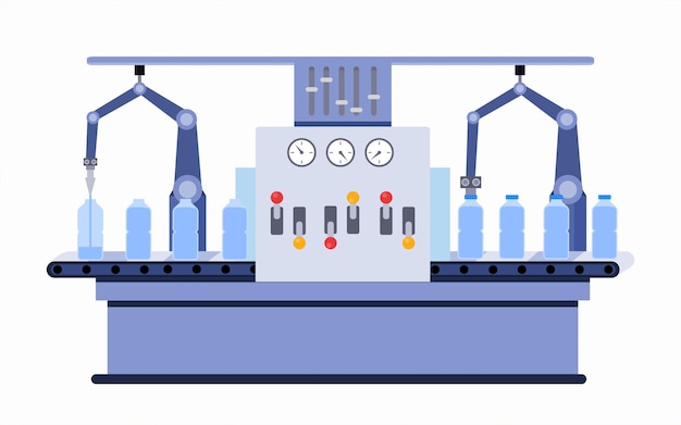 Interior de fábrica con máquina automática. fabricación de fábrica de agua. Máquina de línea de transporte de agua.