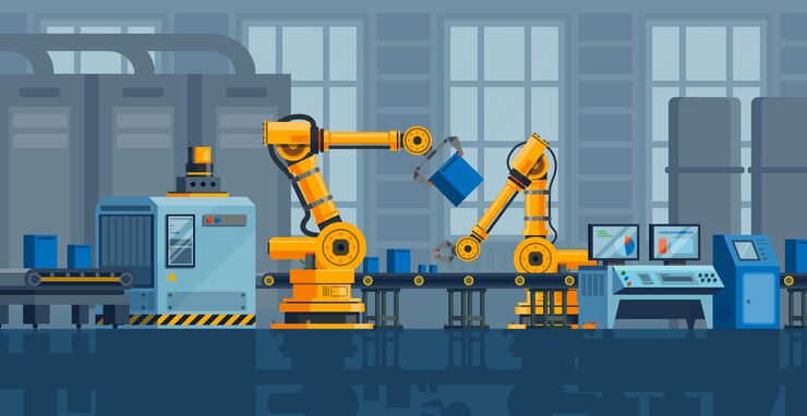 Vector interior de fábrica. transportador de fabricación en interiores, línea industrial con brazos robóticos, equipos de producción automatizados, hardware técnico electrónico, concepto de vector de tecnología de optimización de sistemas robóticos