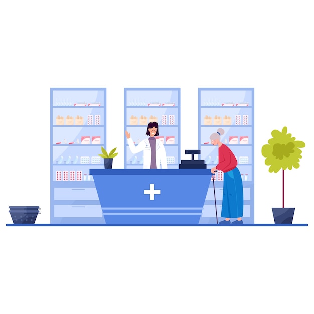 Interior de farmacia moderna con visitante. el cliente ordena y compra medicamentos y medicamentos. farmacéutico de pie en el mostrador con el uniforme. concepto de tratamiento médico y sanitario. ilustración vectorial