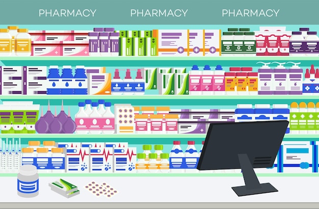 Vector interior de la farmacia con mostrador y medicamentos en los estantes