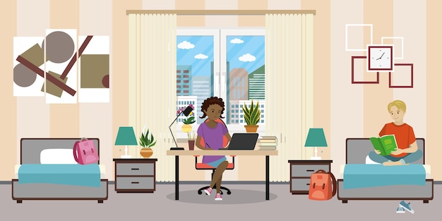 El interior de la habitación de adolescentes afroamericana adolescente trabajó en la ilustración vectorial de la computadora portátil