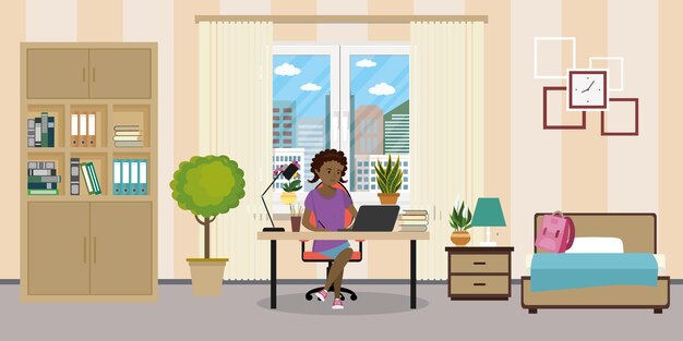 El interior de la habitación de adolescentes afroamericana adolescente trabajó en la ilustración vectorial de la computadora portátil