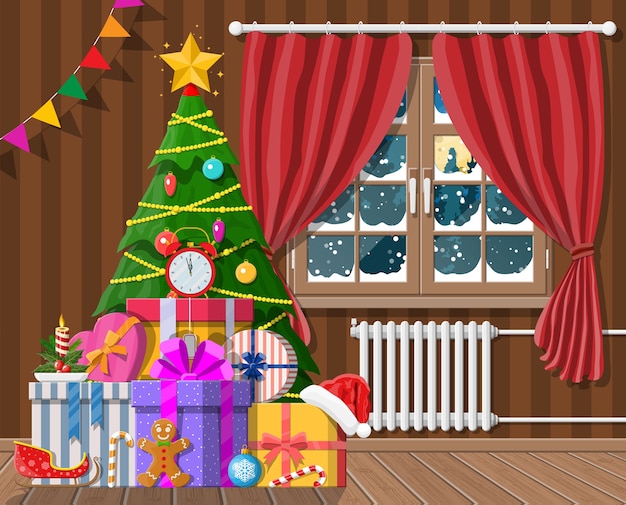 Interior de habitación con árbol de Navidad y regalos