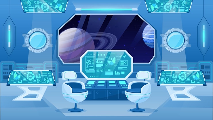 Vector interior de la habitación del centro de la nave cósmica de dibujos animados cabina espacial futurista con paneles de control sillas de la sede de la nave espacial y pantalla de monitor ilustración vectorial plana sala de control de la nave espacial