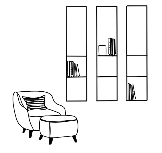 Interior de la habitación dibujado a mano Esbozo del lugar de lectura Silla de lectura