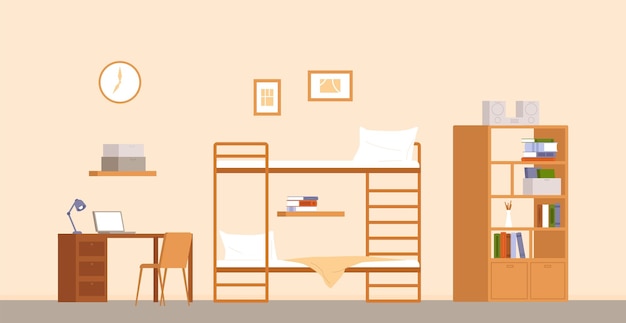 Interior de la habitación del estudiante Dormitorio o muebles de albergue zona de estar para dos niños Librería de cama y lugar de trabajo con portátil Casa dentro de la escena vectorial