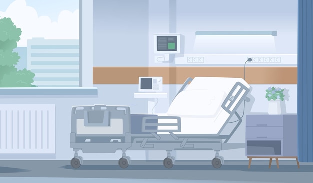 Vector interior de una habitación de hospital vacía con una cama y equipo médico_ai_generado