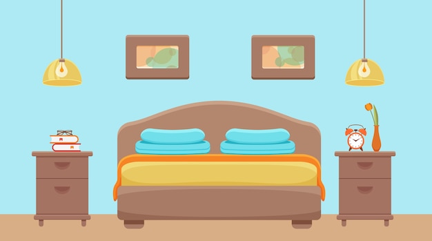 Interior de la habitación del hotel. Ilustración colorida de la cama de los muebles del apartamento del dormitorio, mesita de noche, lámpara.