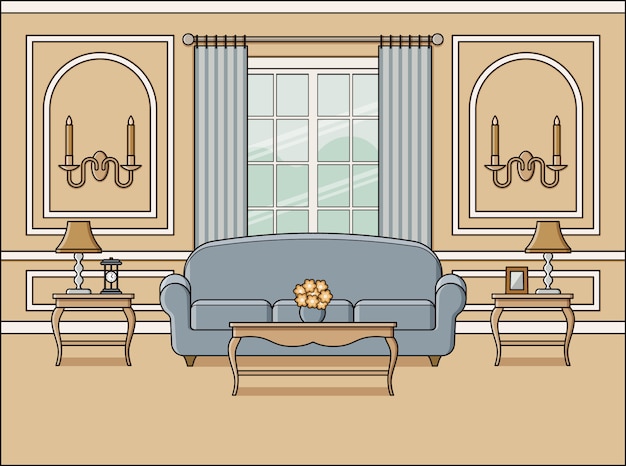 Interior de la habitación con ilustración de ventana