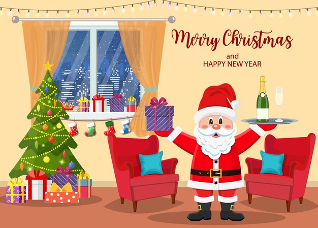 Interior de la habitación de Navidad Regalo y decoración del árbol de Navidad Santa Claus sostenga una bandeja con botella de champán Feliz fiesta de Navidad Año Nuevo y celebración de Navidad Ilustración vectorial de estilo plano