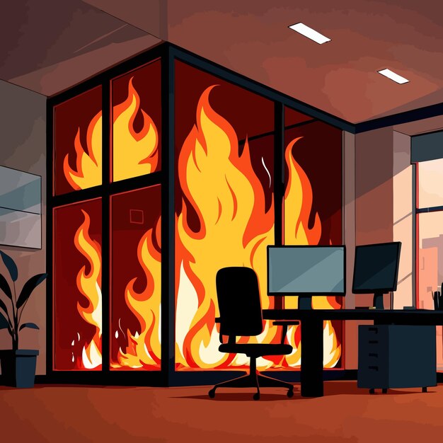 Interior de una habitación de oficina de negocios en la ilustración de clipart vectorial de fuego