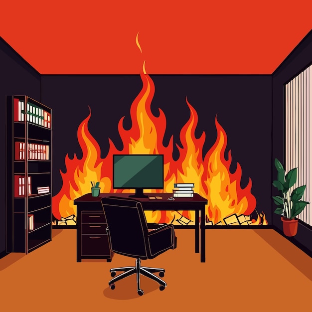 Interior de una habitación de oficina de negocios en la ilustración de clipart vectorial de fuego