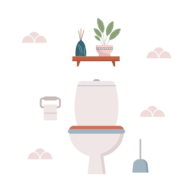 Vector interior del inodoro lavabo de cerámica blanca papel higiénico escobilla de baño ilustración vectorial plana