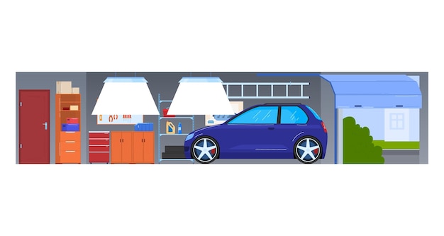 Interior interior moderno garaje sala de reparación de vehículos taller profesional almacenamiento seguro de automóviles estilo de dibujos animados ilustración vectorial