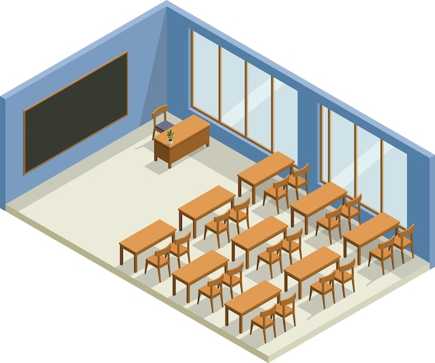 Interior isométrico de las aulas escolares tradicionales