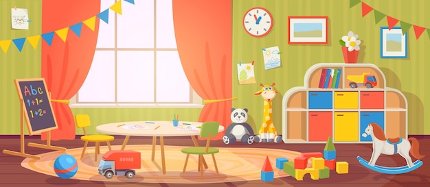 Interior de jardín de infantes. Guardería infantil con muebles y juguetes para niños. Sala de niños en edad preescolar para jugar, actividades y aprendizaje, dibujos animados de vectores. Pizarra y mesa con sillas para niños