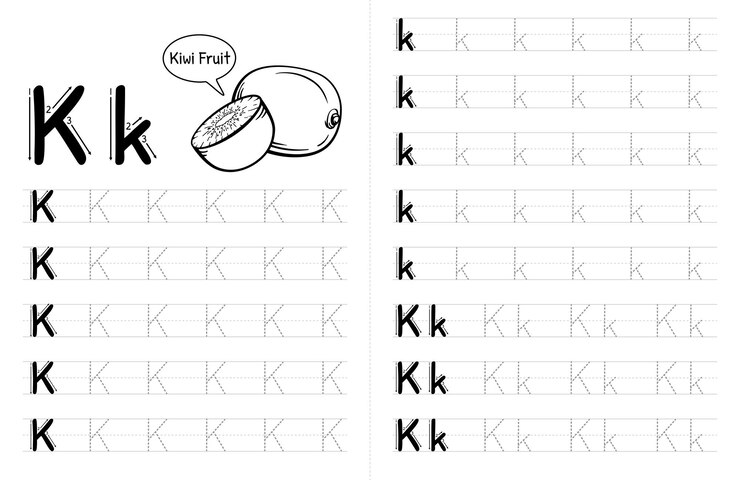 Vector interior del libro de rastreo de alfabetos abc para niños hoja de trabajo de escritura para niños con elementos de vector premium de imagen letra k