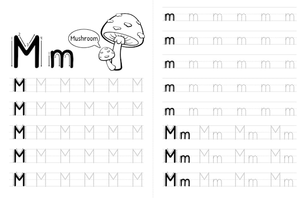 Vector interior del libro de seguimiento de alfabetos abc para niños hoja de trabajo de escritura de niños con elementos de vector premium de imagen letra m