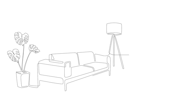 Interior de línea continua con plano de sofá y lámpara de pie. Dibujo de una línea de sala de estar con muebles modernos. Trazo editable. Línea única.
