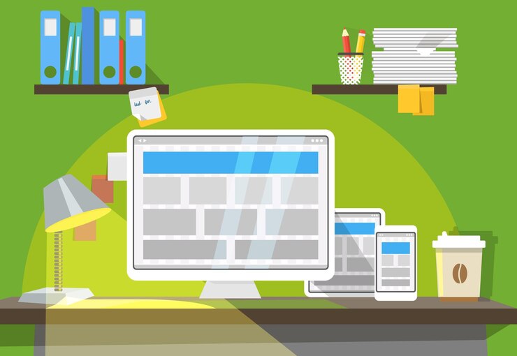 Vector interior del lugar de trabajo con tableta de computadora personal moderna y teléfono inteligente