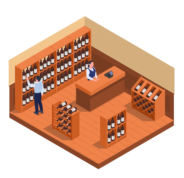 Interior del mercado de vinos con estantes de madera vendedor y cliente eligiendo botella composición isométrica 3d ilustración vectorial