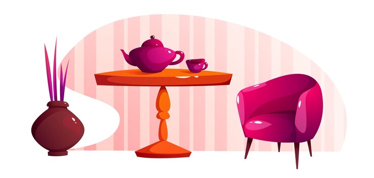 Interior con mesa de té y silla Ilustración de dibujos animados vectoriales de la sala de estar