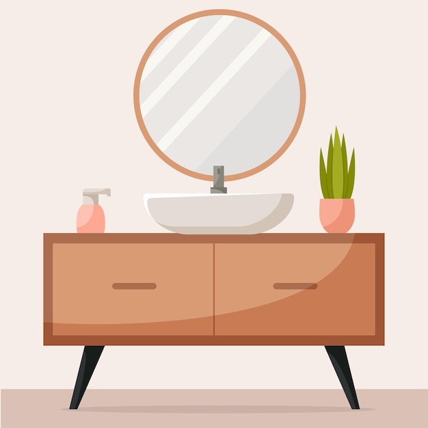 Vector interior minimalista y moderno del baño con muebles, espejo de lavabo y plantas de interior. vector