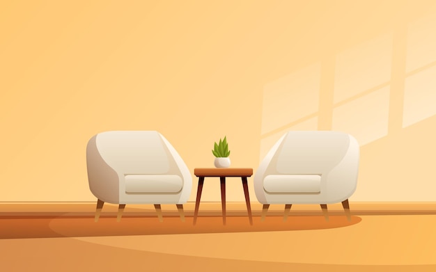 interior minimalista con sillones y mesa con ilustración vectorial de flores