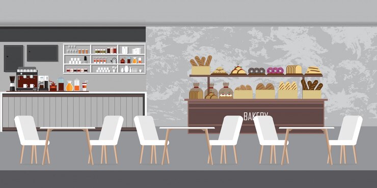 Vector interior de la moderna panadería, cafetería con mostrador.