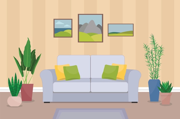 Interior moderno y acogedor de la sala de estar con sofá, plantas de interior y carteles.