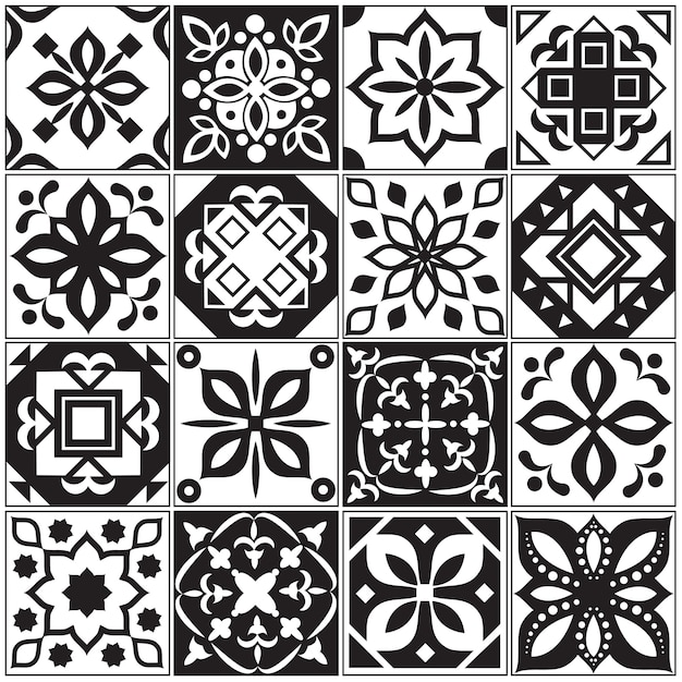 Vector interior moderno de azulejos españoles y turcos. patrones florales de cocina